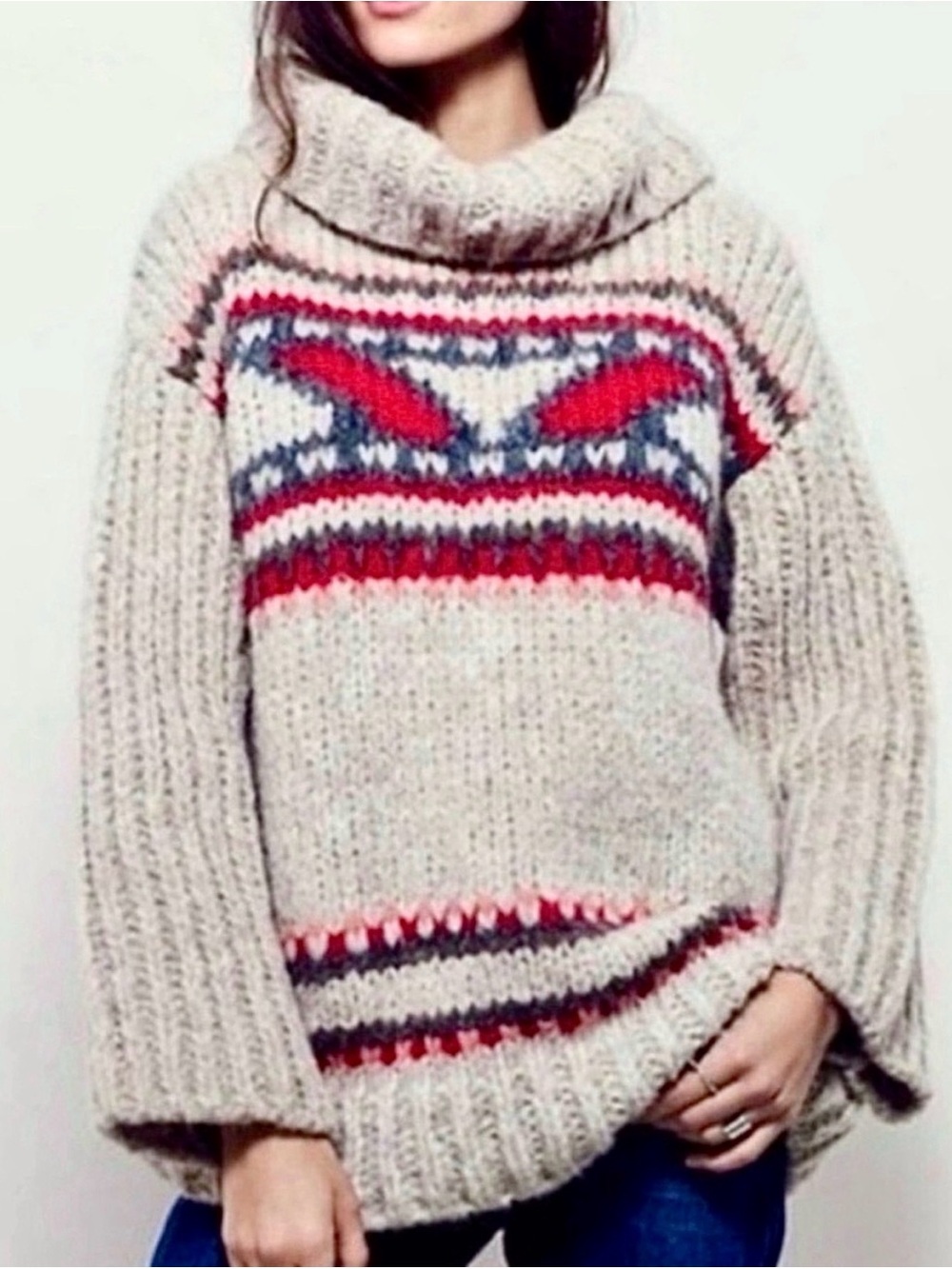 Free People Caravelle Chunky Alpaca Cowl Neck Sweater Ecru Red Boho Small